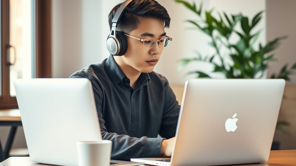 직장인 회원이 노트북과 헤드폰으로 작업하는 모습