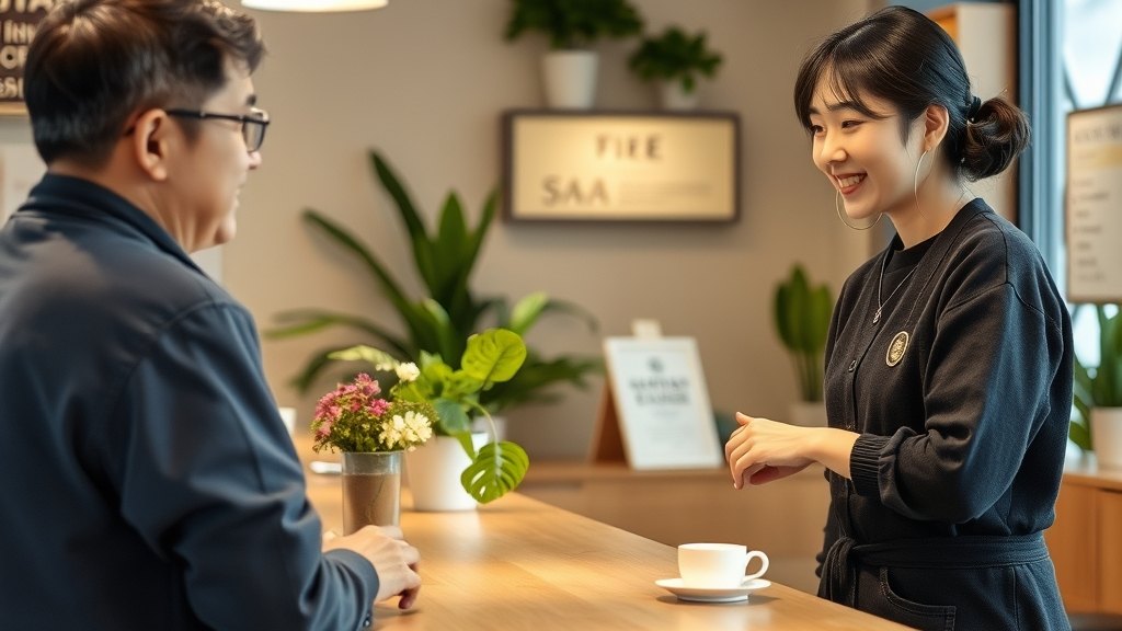 운영자가 첫 방문 회원에게 좌석을 안내하는 모습