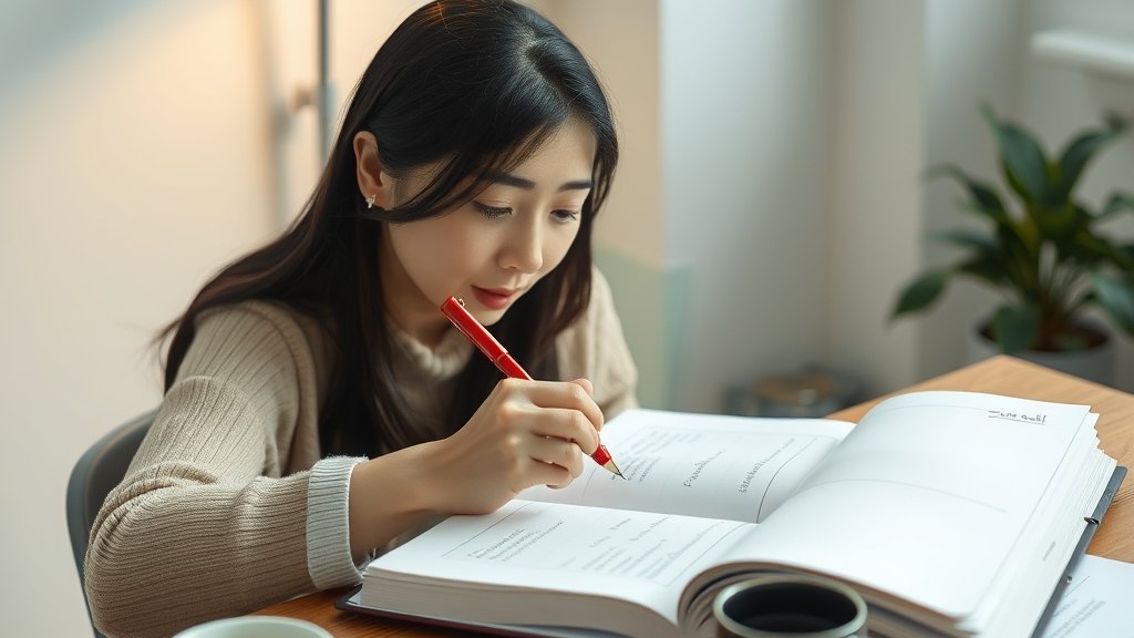 강사가 학생 숙제를 검사하며 짧은 피드백을 작성하는 모습