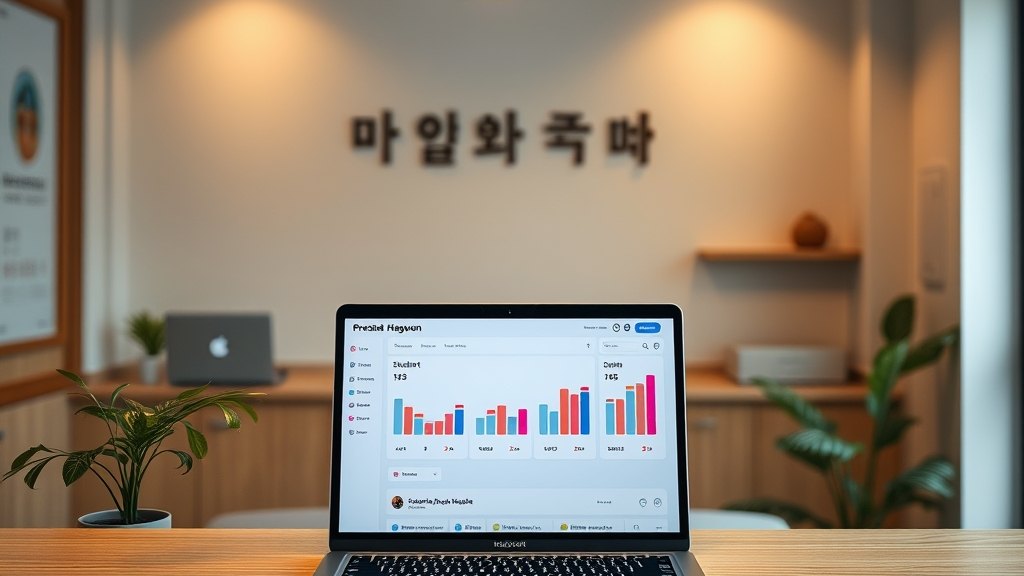 학원 카운터의 노트북에 표시된 학생 숙제 점검 화면