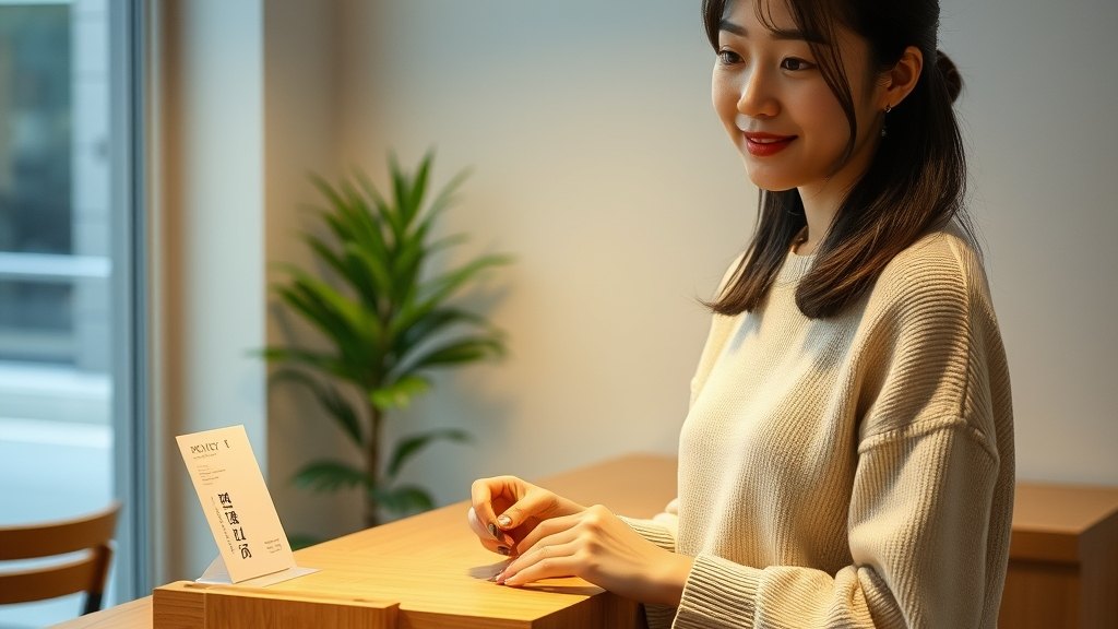 운영자가 카운터에서 환불 정책 한 줄 카드를 정리하는 모습