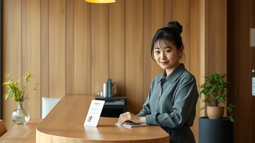운영자가 카운터에서 사물함 정책 한 줄 카드를 정리하는 모습