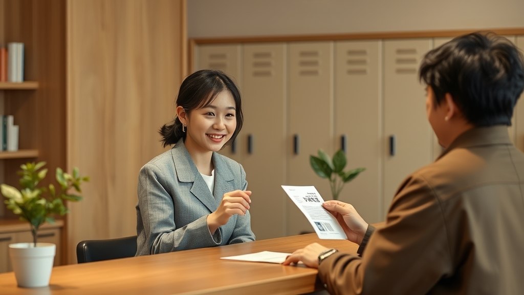 운영자가 신규 회원분께 사물함 안내 카드를 차분히 설명하시는 모습