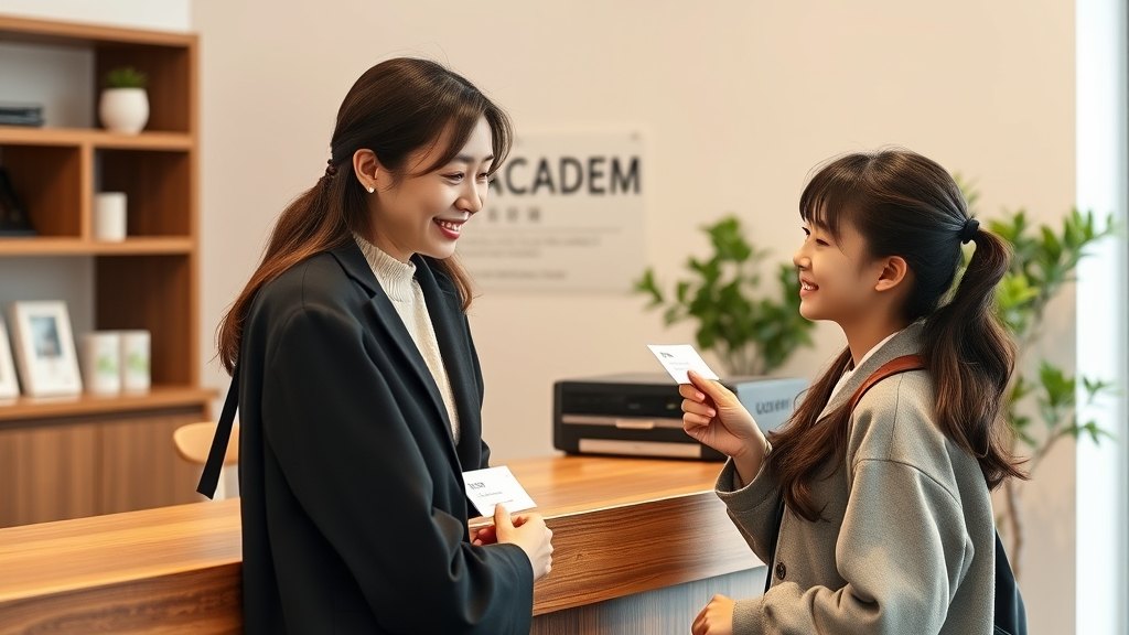 카운터에서 중학생 학생을 따뜻하게 환영하시는 원장님