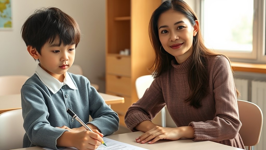 학생이 진단지를 풀고 원장님이 옆에서 차분히 관찰하시는 모습