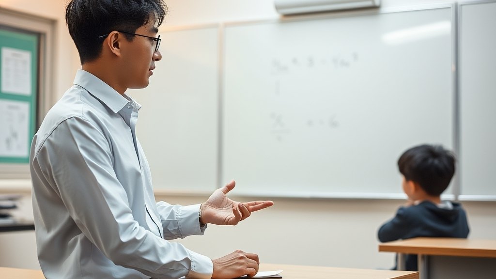 강사가 학생 한 명에게 화이트보드 앞에서 차분히 설명