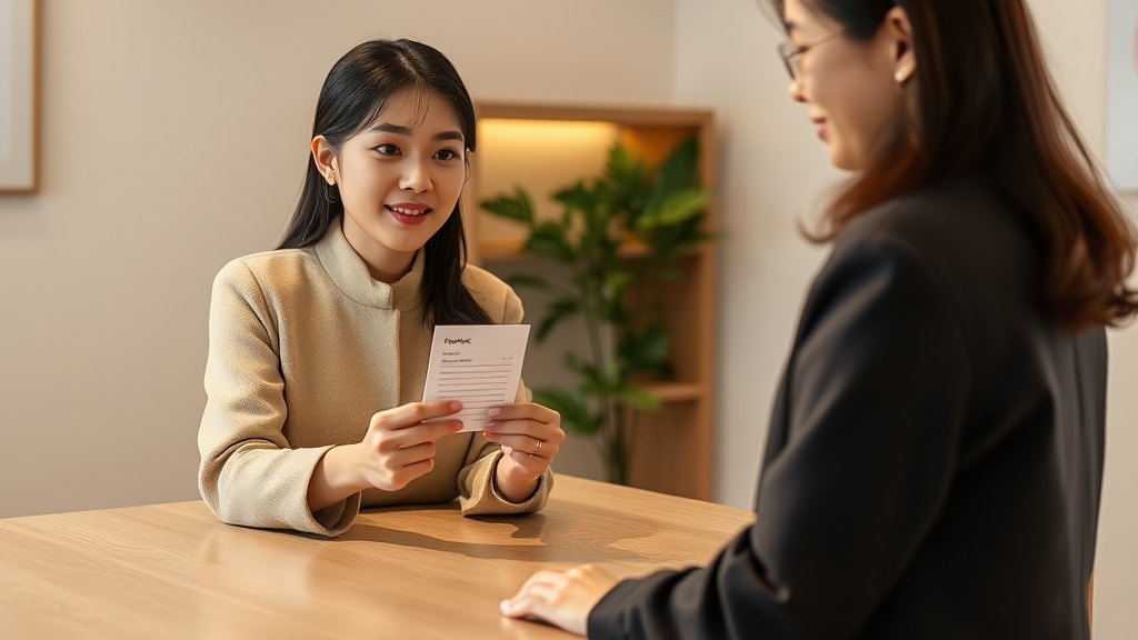 카운터에서 학부모님께 체험 결과 카드를 차분히 보여 드리는 원장님