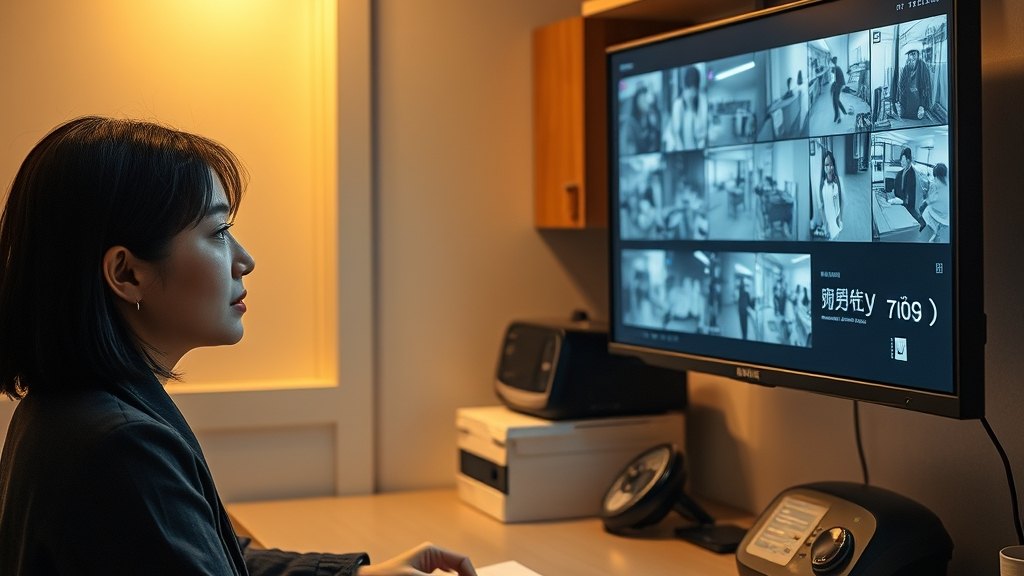 사무실 모니터로 매장 CCTV 영상을 차분히 확인하시는 운영자