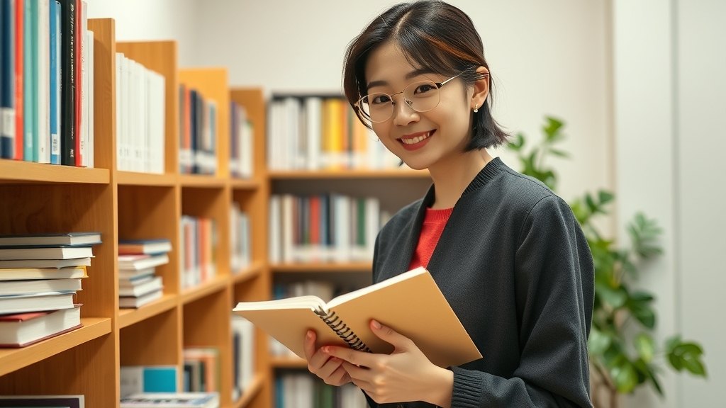 교재실 책장 앞에서 재고를 차분히 점검하시는 원장님