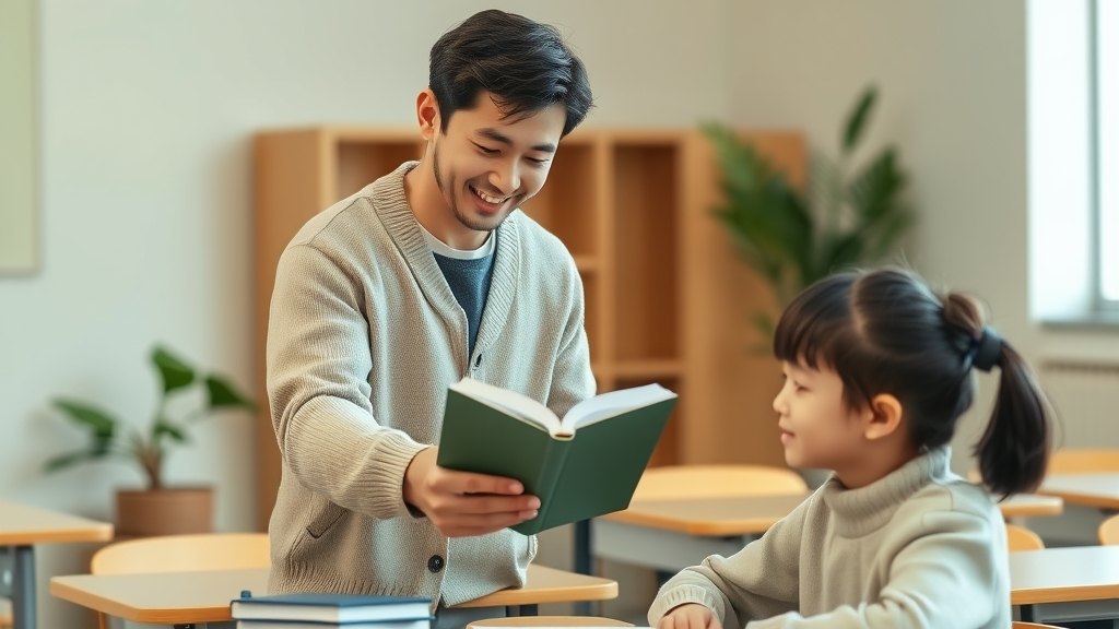 강사가 교실에서 학생 한 분에게 교재 한 권을 차분히 전해 드리는 모습