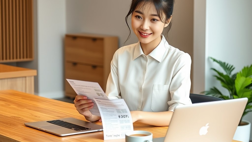 카운터에서 교재비 안내 카드를 정돈하시는 원장님