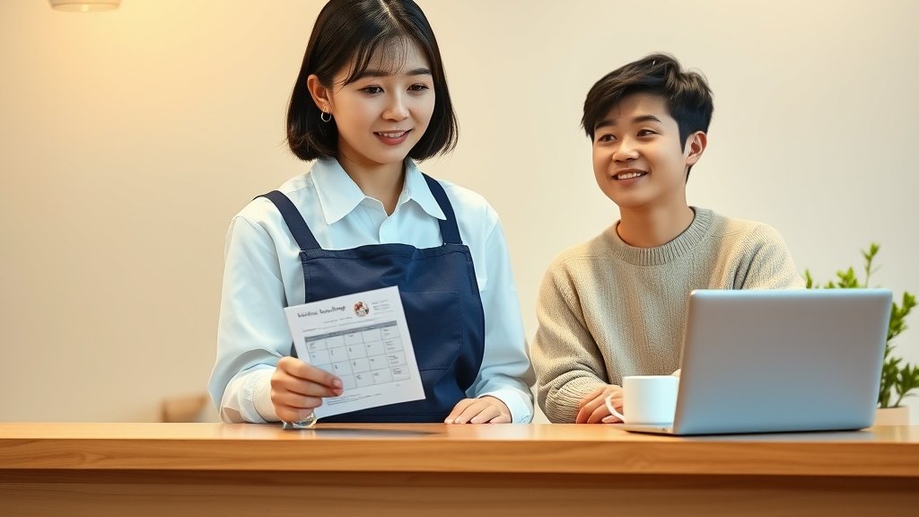 카운터에서 룸 일정 한 장을 차분히 안내해 드리시는 매니저