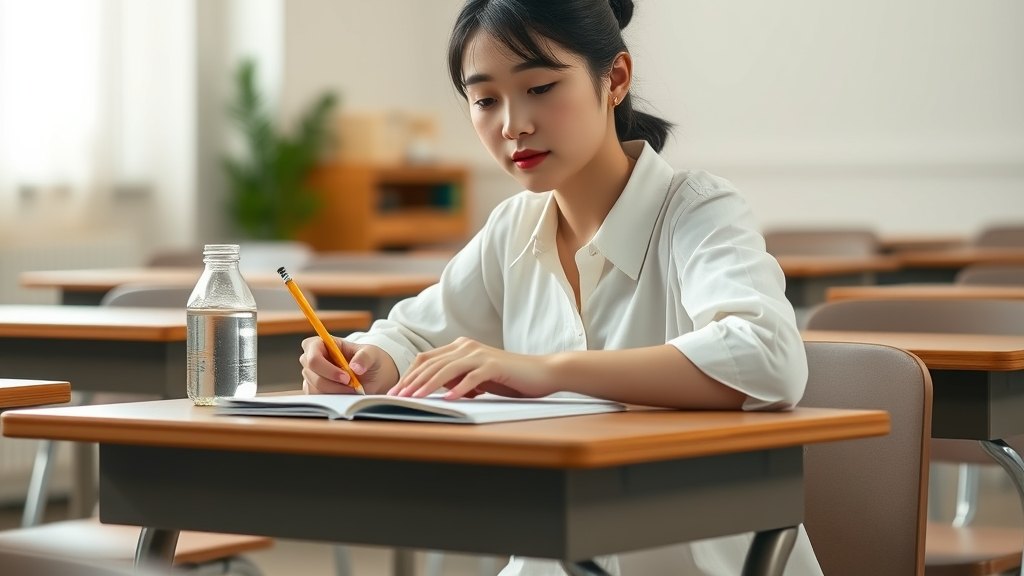 학원 교실에서 차분히 레벨 테스트를 응시하시는 학생
