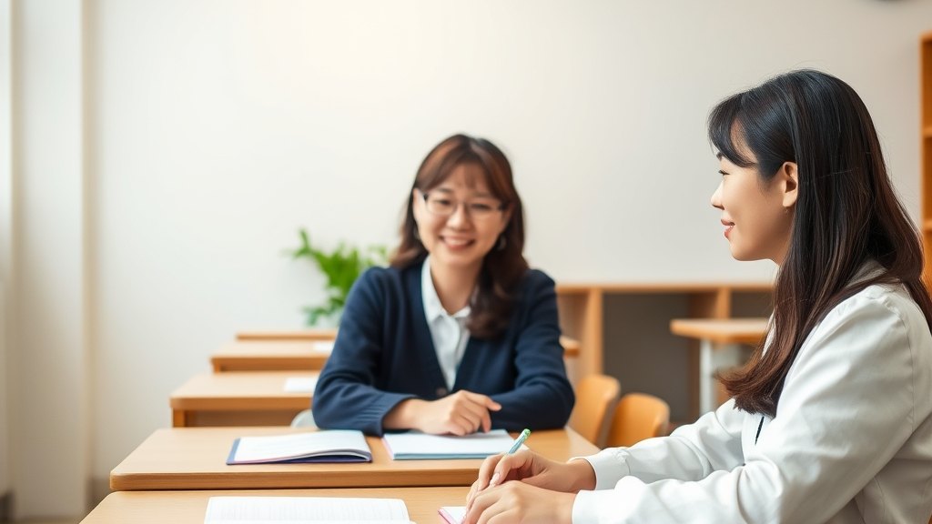 첫 수업 첫 자리에서 신규 학생을 차분히 환영해 드리시는 강사