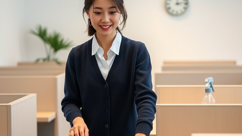 독서실 좌석 한 자리에서 책상을 차분히 닦아 드리시는 매니저