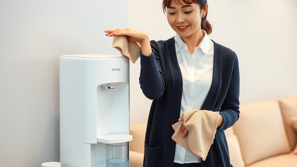 독서실 휴게실 한 자리에서 정수기를 차분히 점검·청소하시는 매니저
