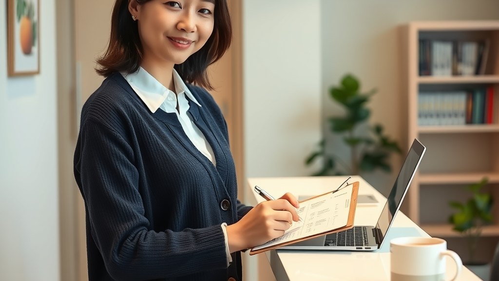 매니저가 작은 청결 체크리스트 한 자리를 차분히 작성하시는 모습