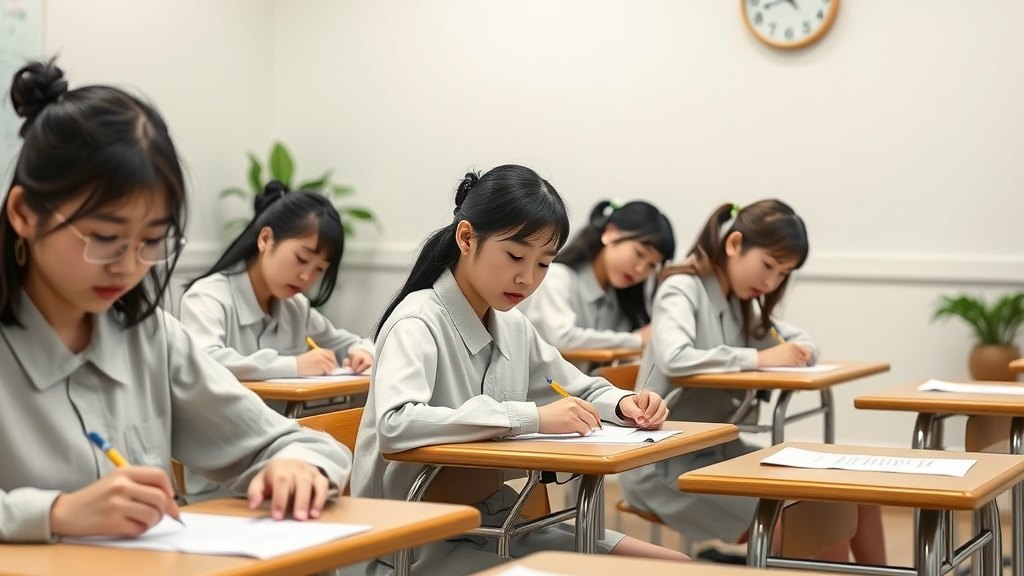 학생 한 분들께서 차분히 자체 모의고사를 보시는 학원 교실