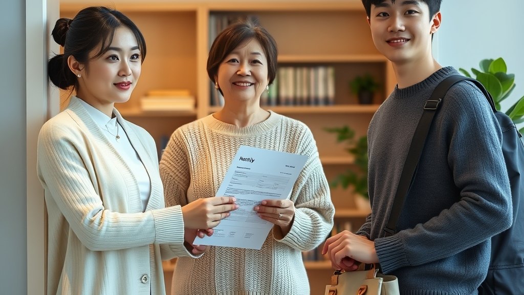 매니저님이 학부모 한 분과 학생 한 분께 월간 보고서를 차분히 안내해 드리시는 모습