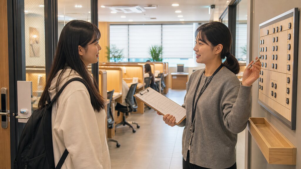 학생에게 자습 좌석과 동선을 안내하는 직원