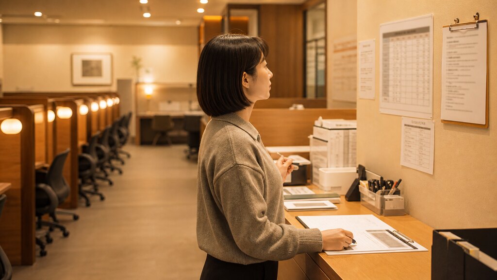 분실물 접수 기준표를 점검하는 독서실 운영자