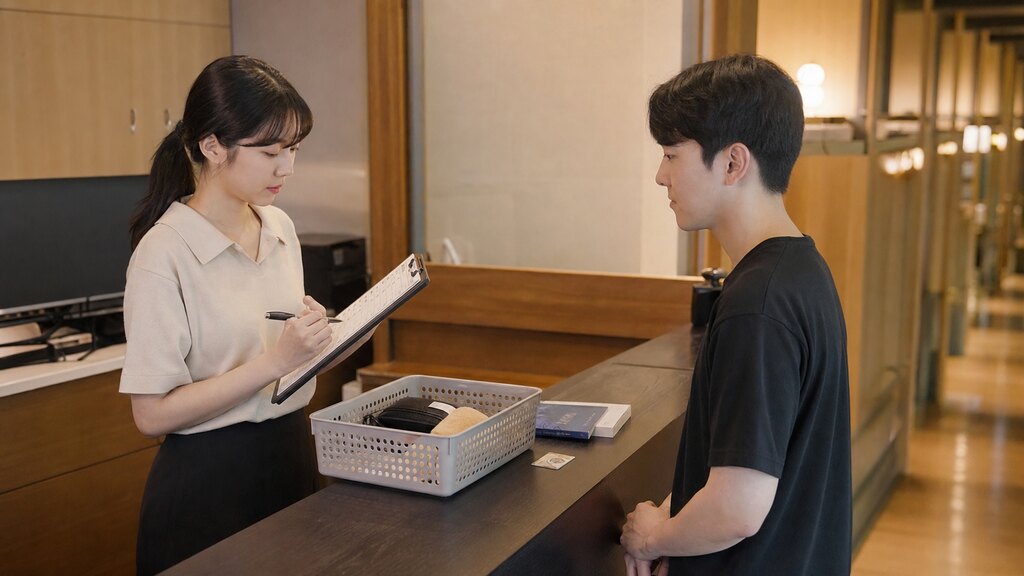 분실물 회수 확인표를 체크하는 매니저