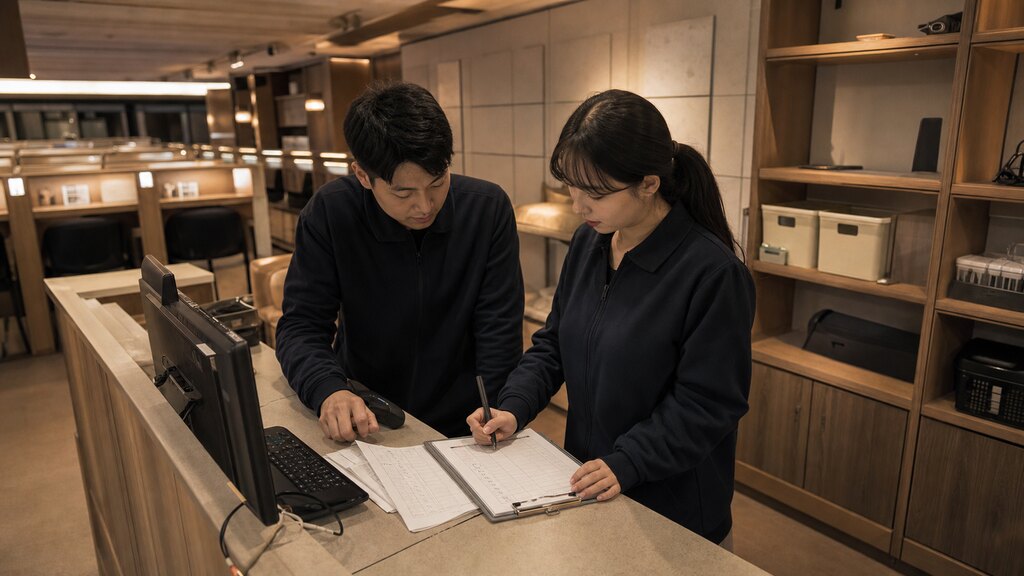 저녁 마감 전 분실물 현황을 함께 점검하는 독서실 운영팀