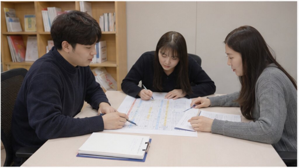 강사와 운영팀이 주간 시간표 조정안을 검토하는 장면