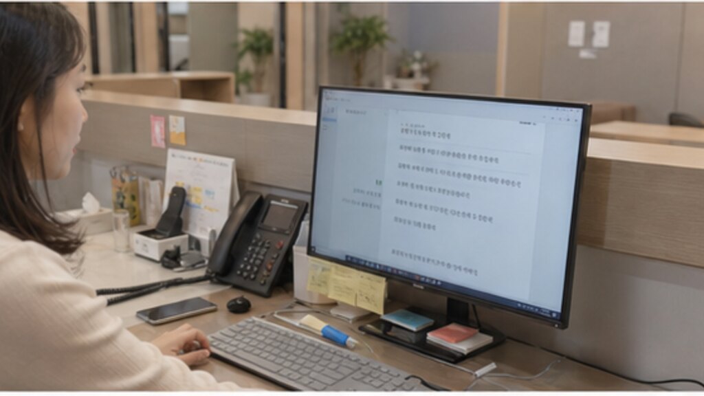 학부모 안내 메시지 내용을 검토하는 학원 데스크 운영자