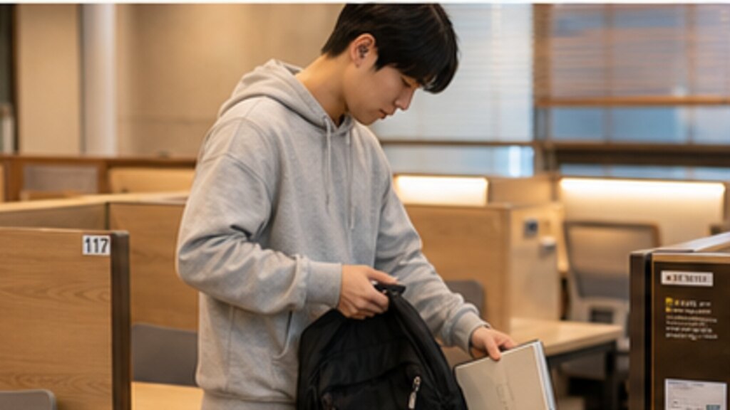 고정석에서 짐을 정리하며 이동을 준비하는 독서실 회원