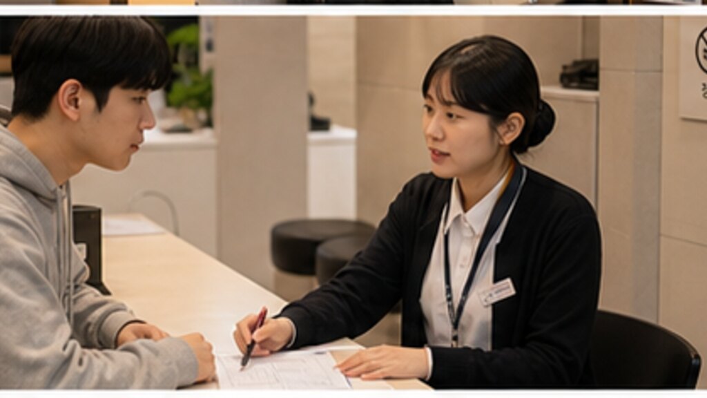 회원과 운영자가 자리 이동 조건을 상담하는 독서실 데스크