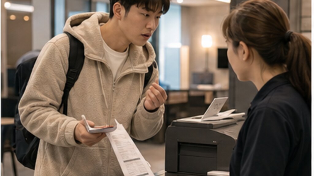 프린터 주변 안내문과 폐지함을 정리하는 스터디카페 운영자