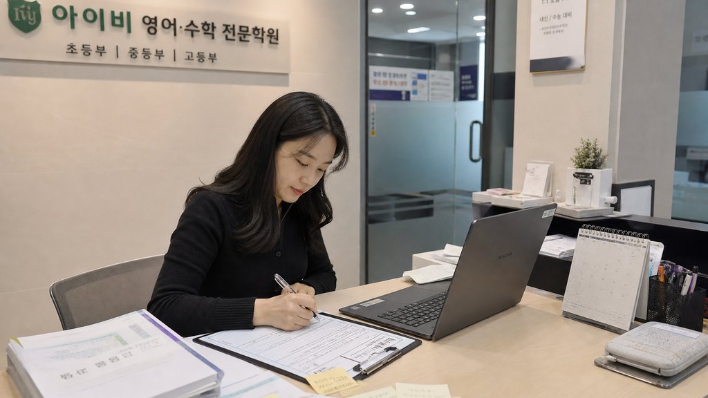 독서실 데스크에서 좌석 민원을 신속히 응대하는 직원