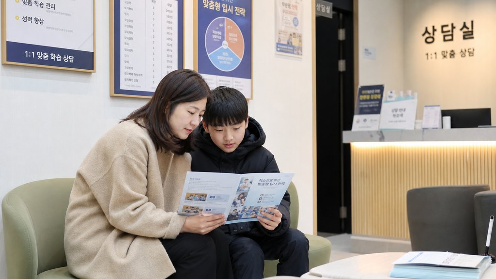 학원 상담 대기 구역에서 안내문을 확인하는 학부모와 학생