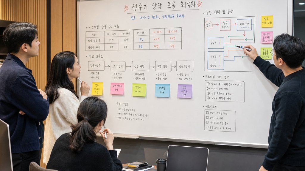 학원 운영팀이 상담 순번 동선을 보드로 점검하는 장면