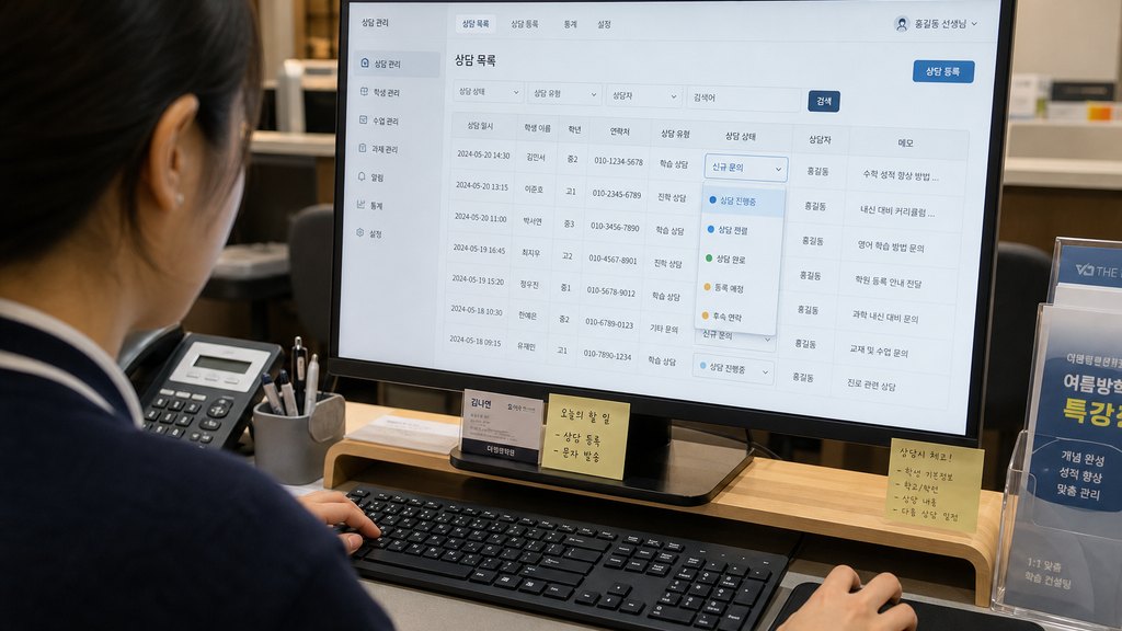학원 데스크에서 상담 상태를 시스템에 업데이트하는 직원