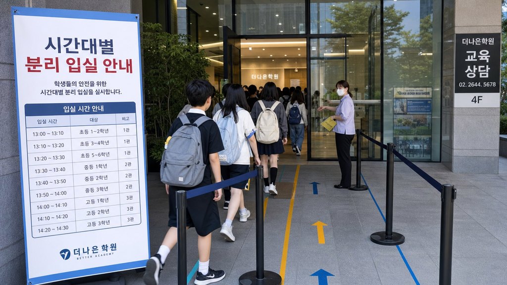 학원 입구에 시간대별 상담 안내 배너가 설치된 모습