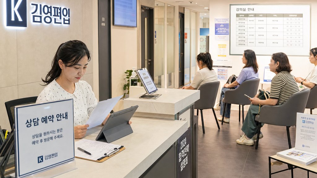 상담 예약 안내 표지와 대기 구역 좌석에서 학부모가 순서를 기다리는 장면