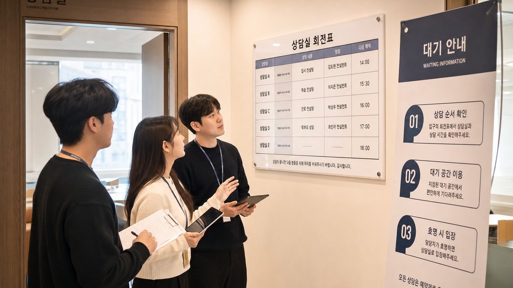 학원 데스크에서 상담 상태를 시스템에 업데이트하는 직원