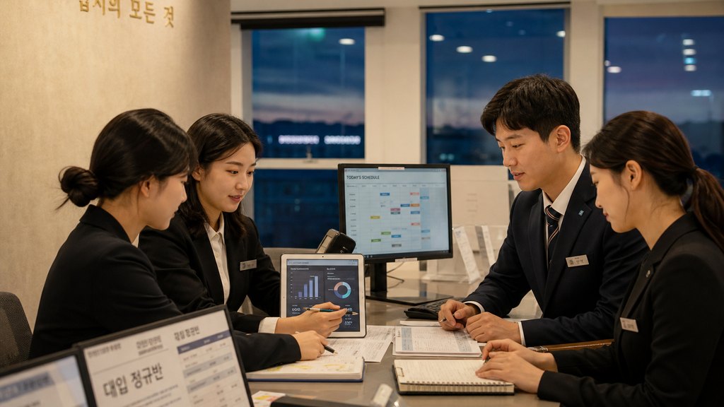 학원 직원이 상담 불만 접수 내용을 체크리스트로 기록하는 장면