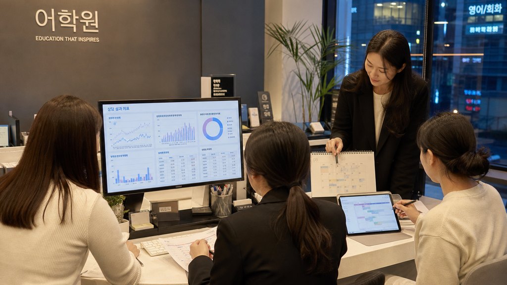 저녁 시간 학원 운영팀이 일일 상담 지표를 확인하는 회의 장면