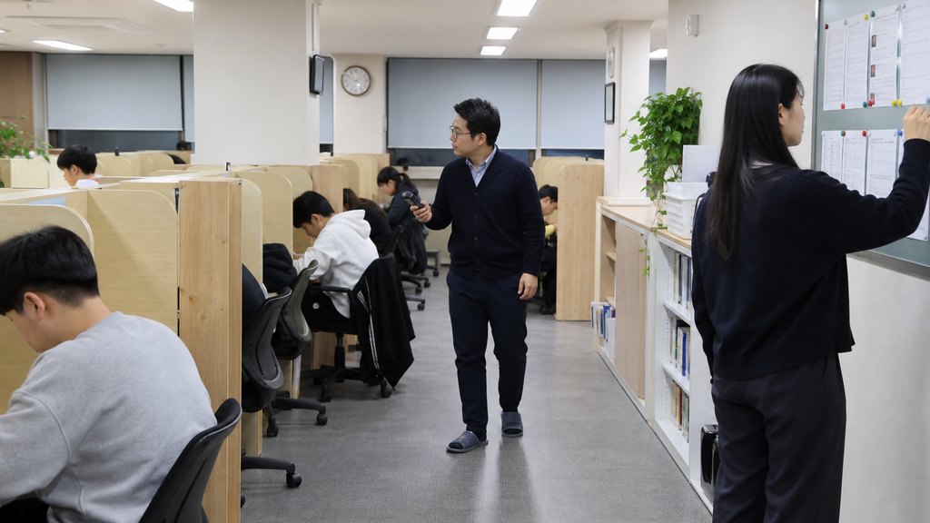 독서실 직원이 민원 불만 접수 내용을 체크리스트로 기록하는 장면