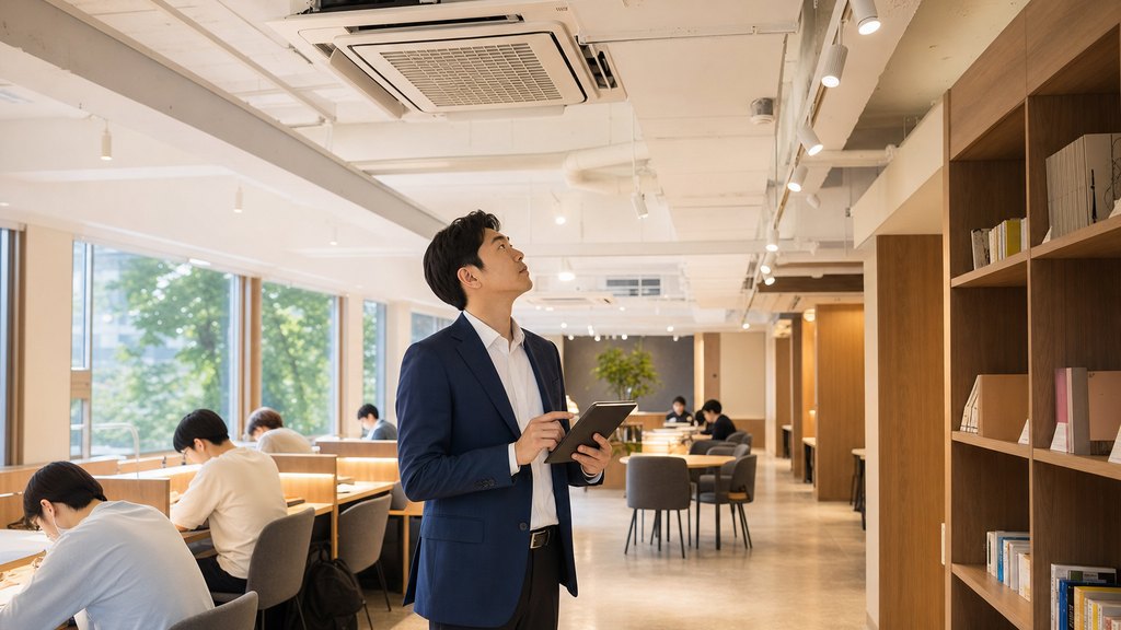 스터디카페 창가 블라인드와 환기 상태를 점검하는 장면
