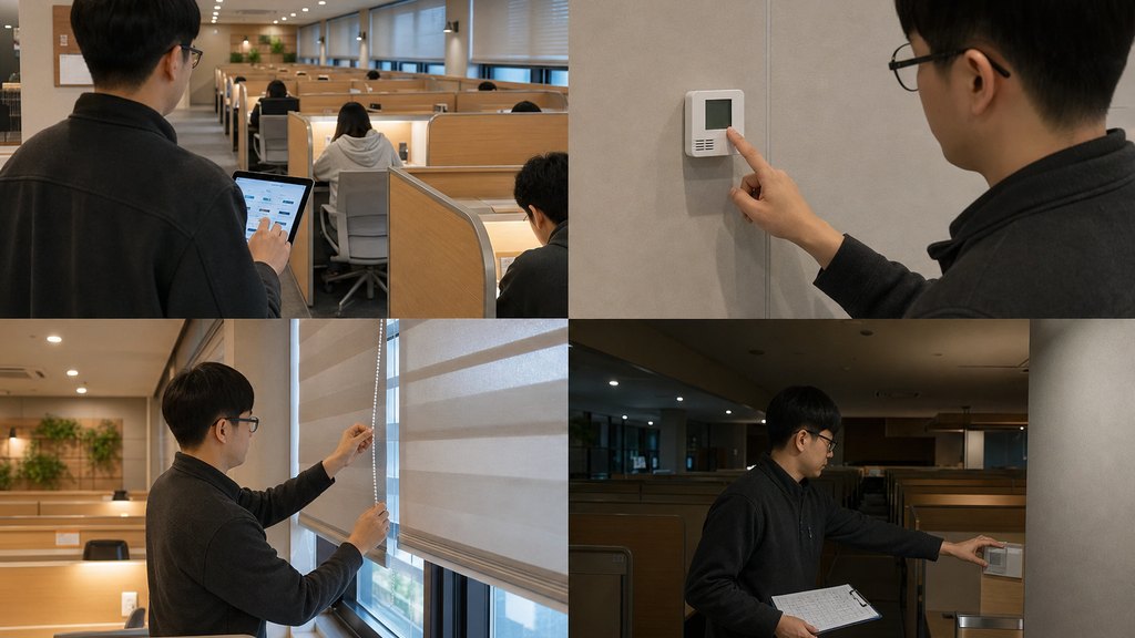 스터디카페 데스크에서 피크타임 냉난방 체크리스트를 확인하는 직원