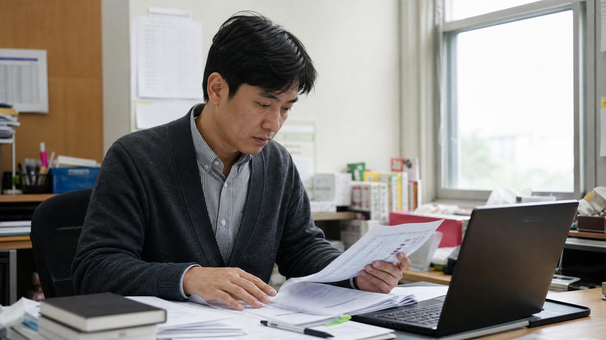 교사가 태블릿과 노트북으로 학생별 상담 기록을 정리하는 장면