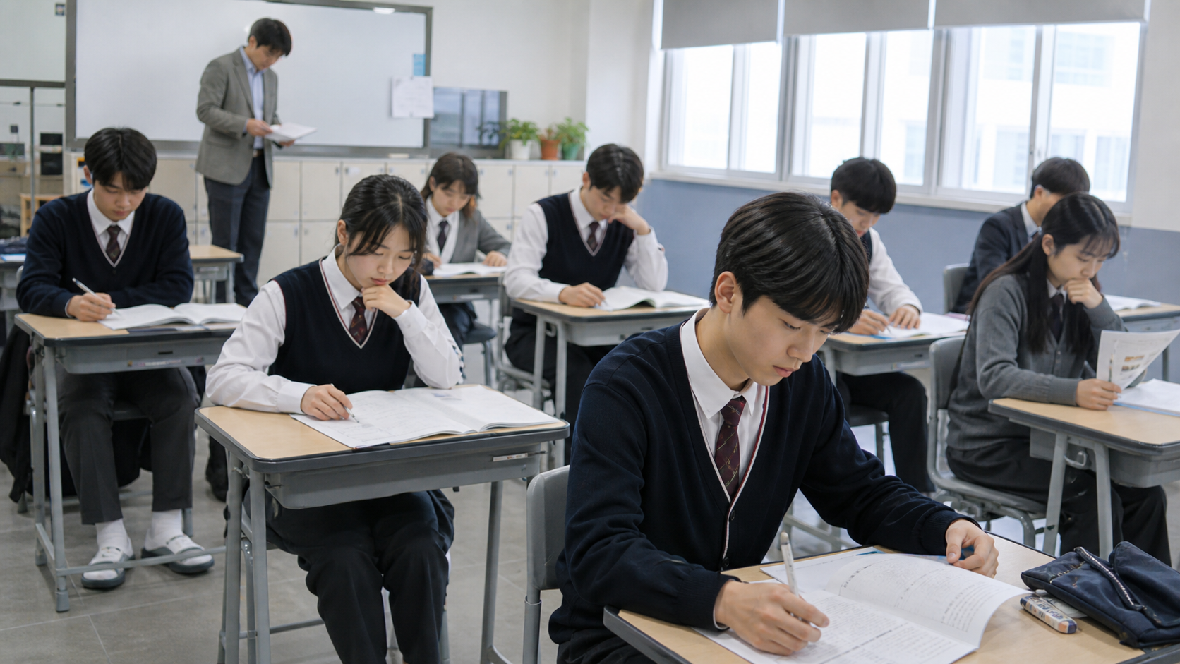 교실에서 학생들이 모의고사 자료를 확인하며 공부하는 장면