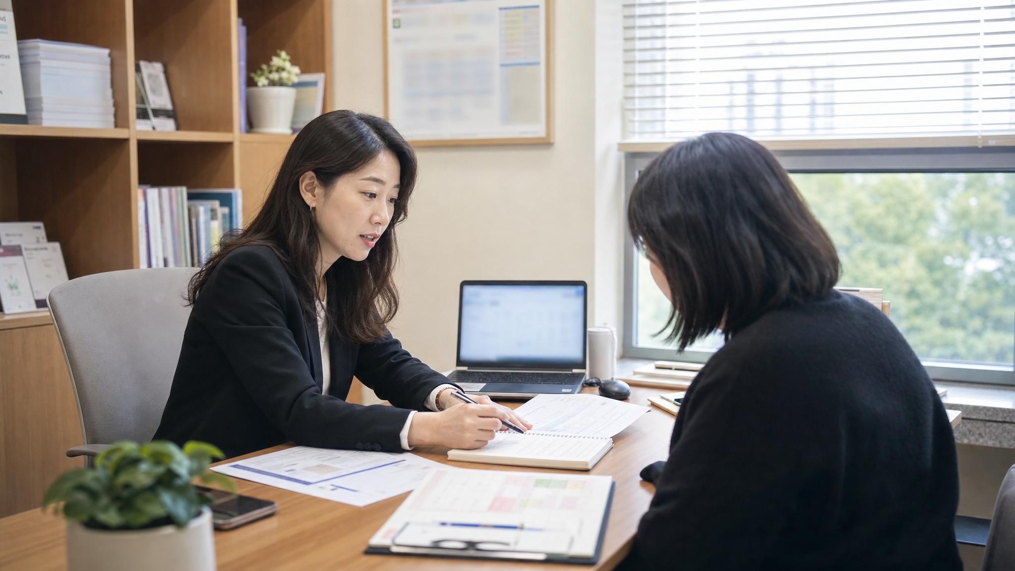 상담 책상에서 교사와 학부모가 AI 학습 계획 자료를 확인하는 장면