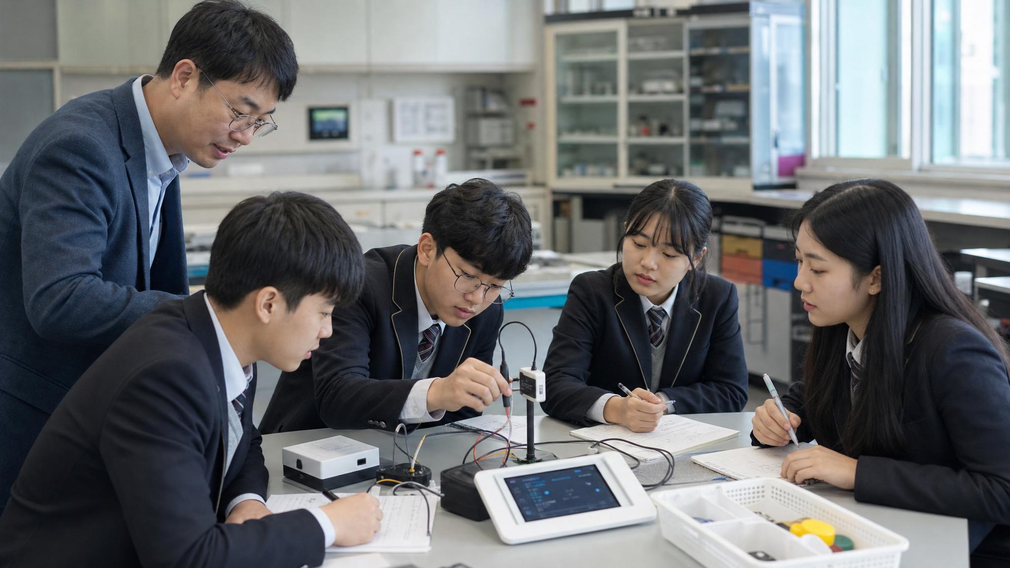 학교 실험실에서 교사와 학생들이 센서 장비와 노트북을 활용해 프로젝트 수업을 하는 장면