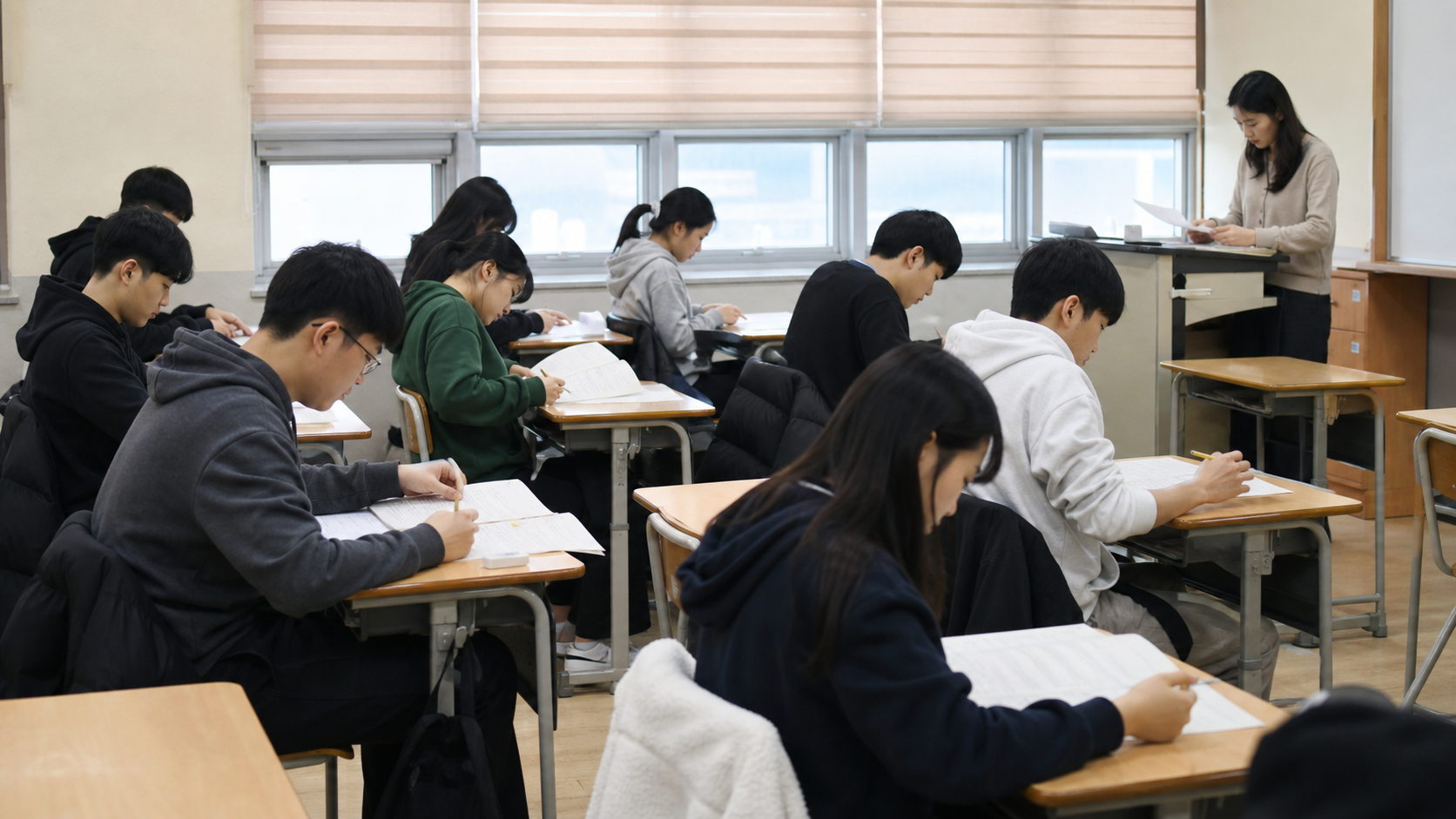 교실에서 학생들이 모의고사 자료를 검토하고 교사가 답안지를 확인하는 장면