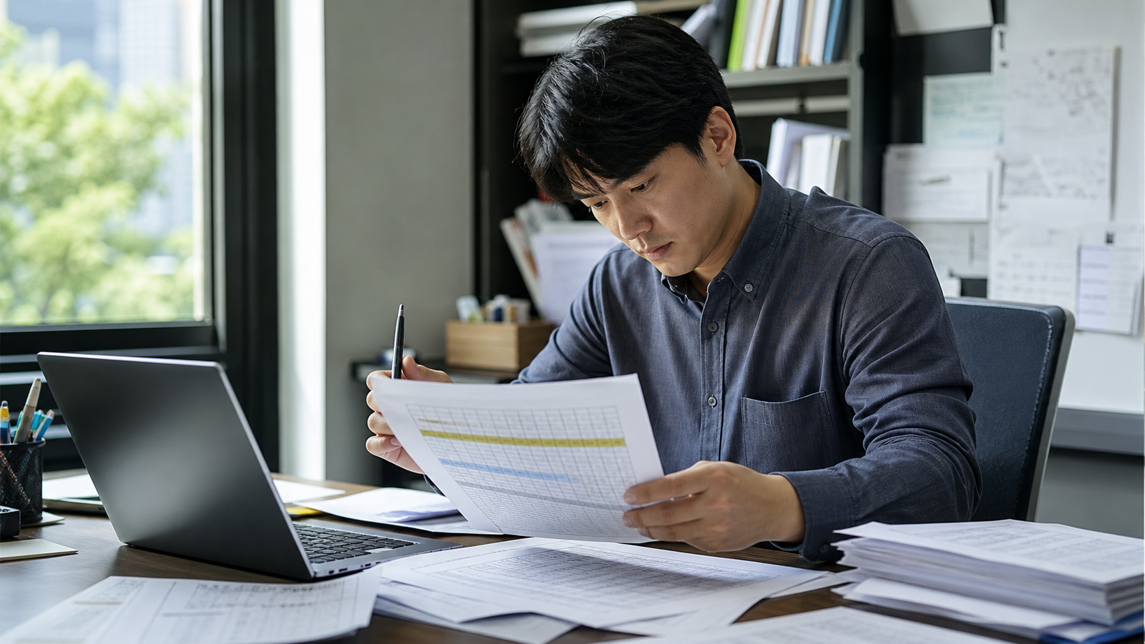 학원 상담 담당자가 모의평가 자료와 학생 기록지를 정리하는 장면